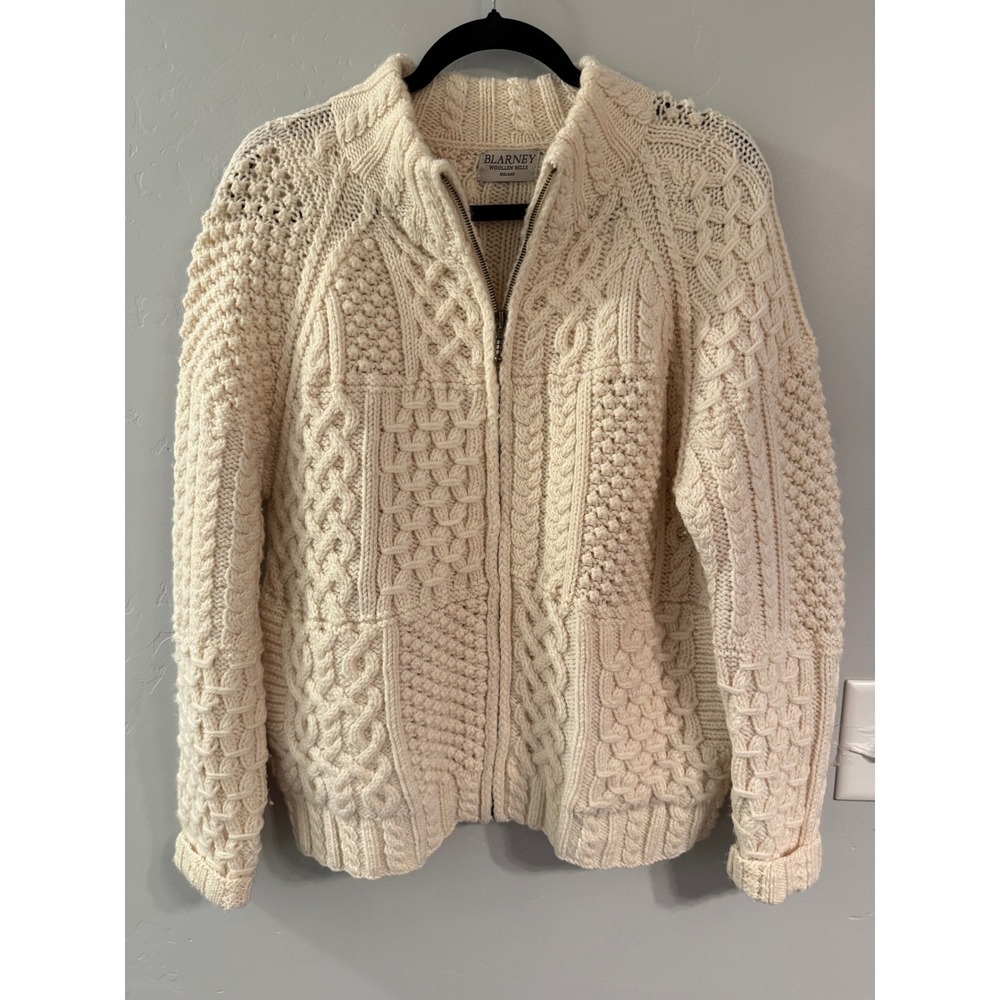 Blarney Woollen Mills Ireland Cream Cable Knit Zip Cardigan Sweater - Medium